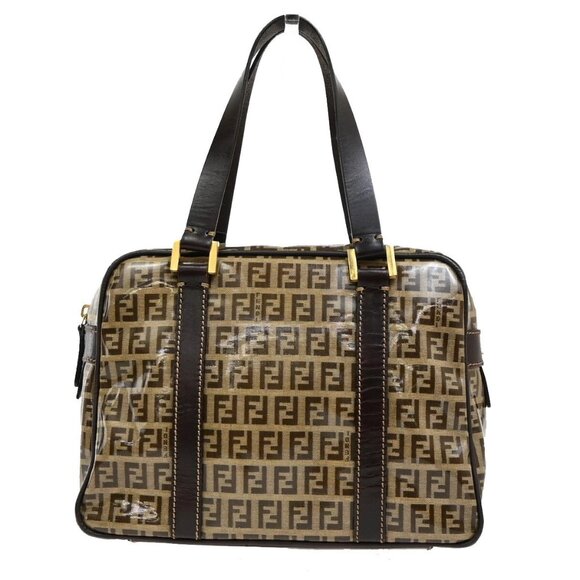 FENDI Logo Zucchino Pattern Hand Bag Coating Canvas Leather Brown 80FB873